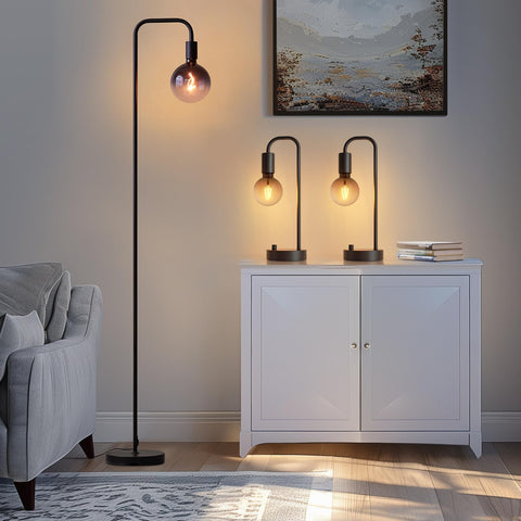 ONEWISH industrial lamp set floor lamp base emits warm glow for cozy living rooms.