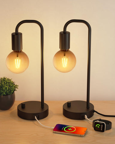 ONEWISH industrial table lamp 2-pack with USB-C port for convenient charging.