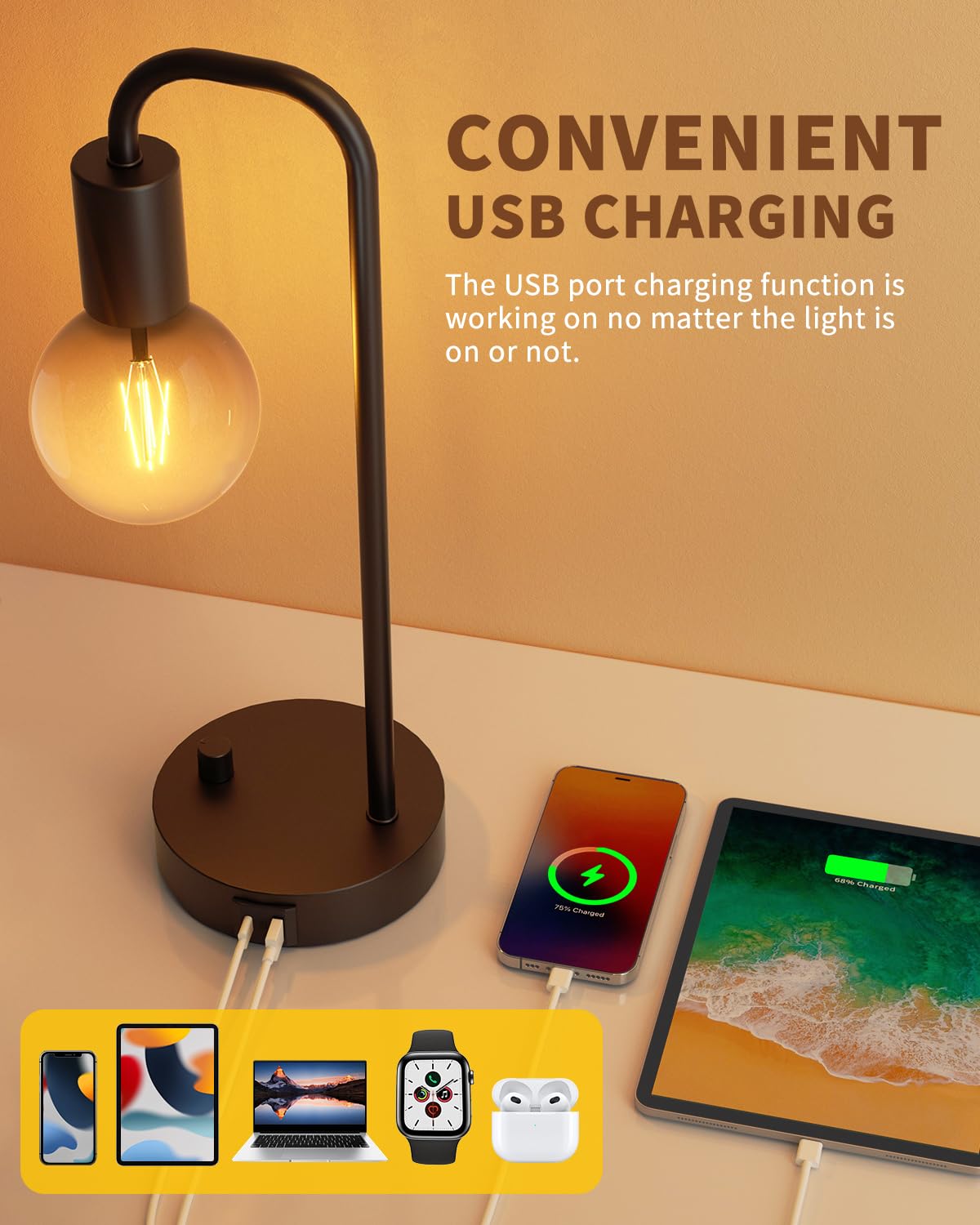 ONEWISH table lamp with USB ports for convenient charging of phone and tablet.