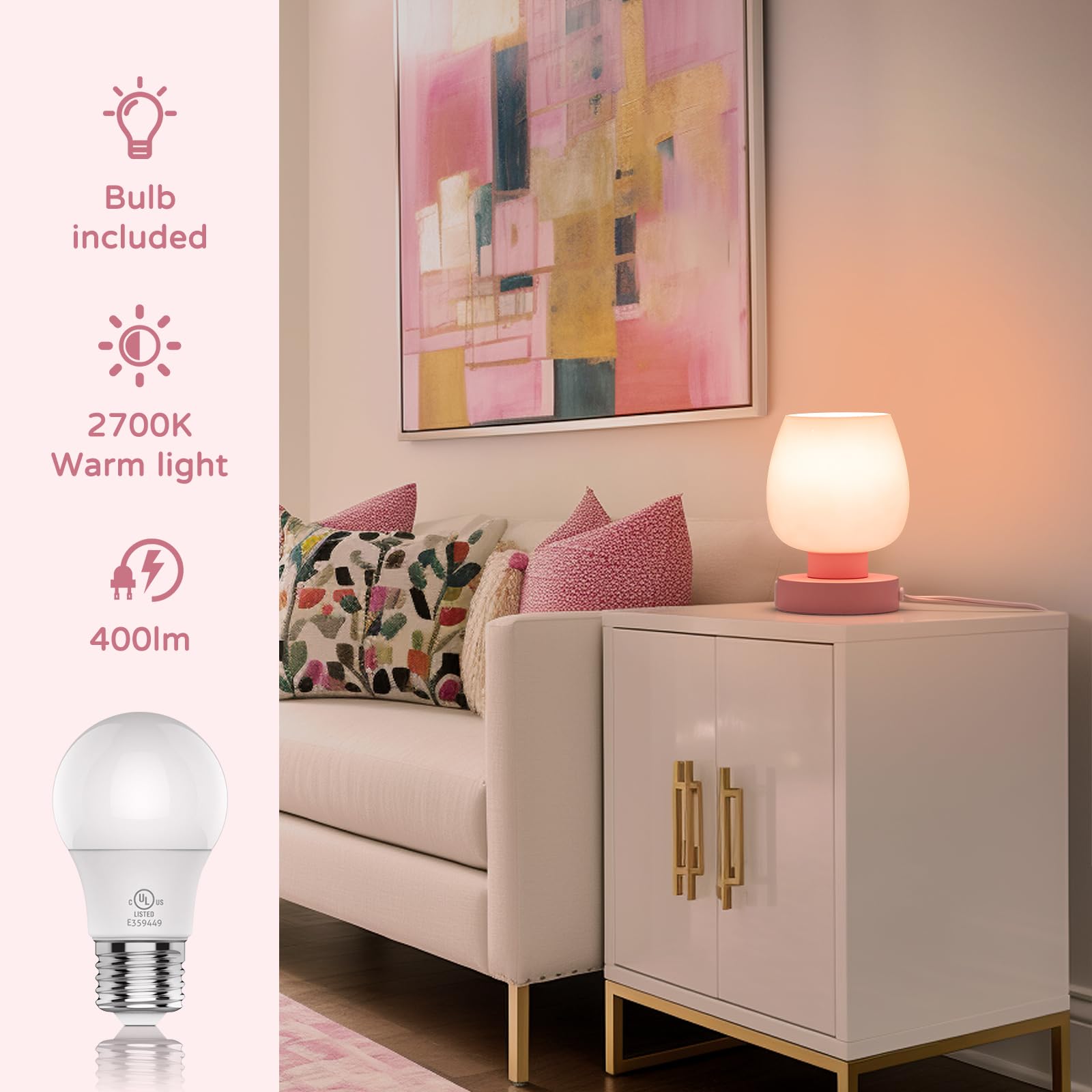 Onewish modern pink glass table lamp enhances bedrooms, living rooms, and study areas.