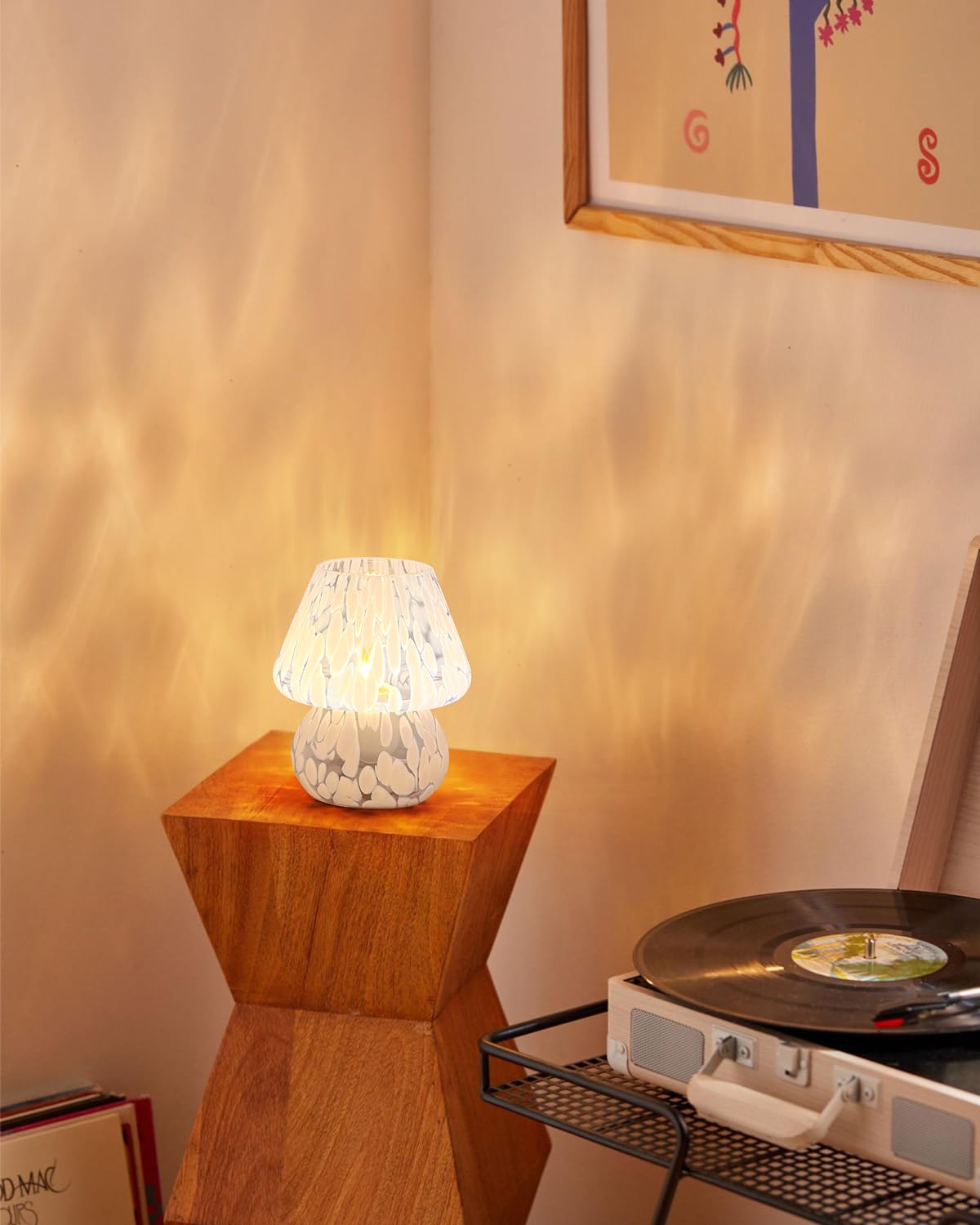 ONEWISH Mushroom Lamp glows softly on a nightstand for calming ambience