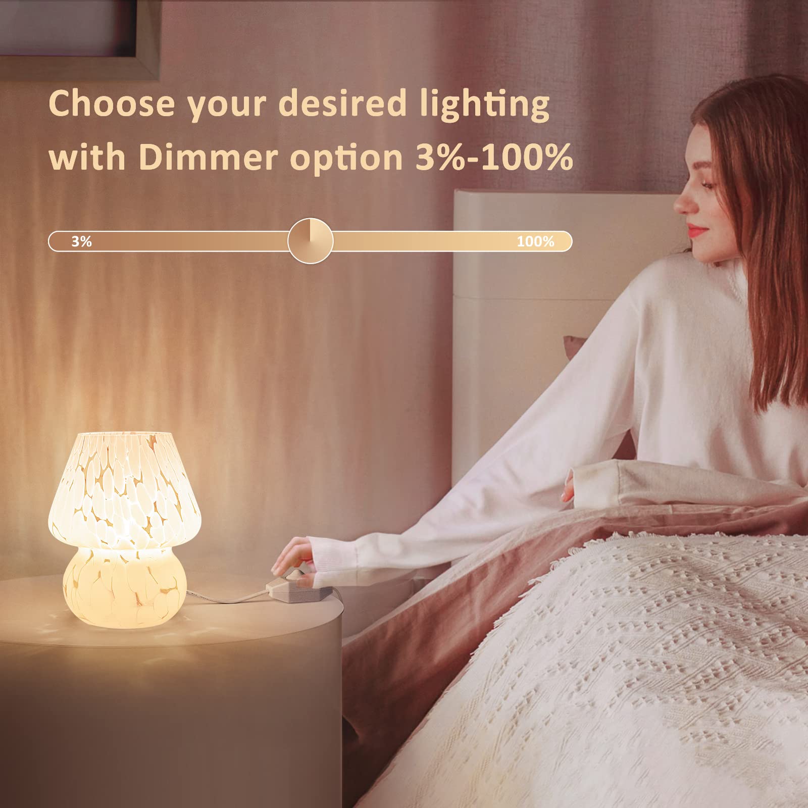 ONEWISH mushroom lamp stepless dimming for precise brightness during reading.