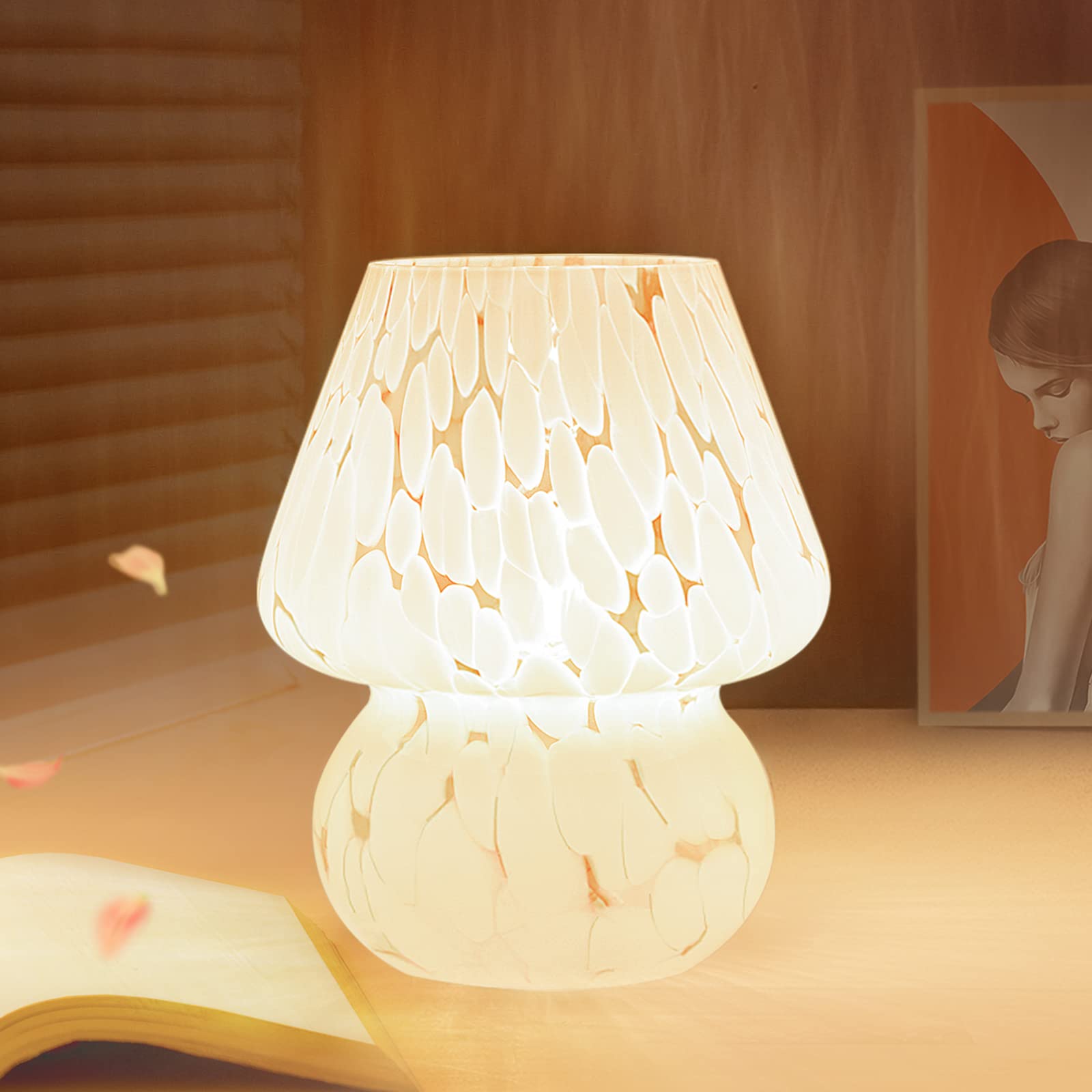 ONEWISH mushroom lamp with translucent glass creates a soft, inviting glow for cozy nights