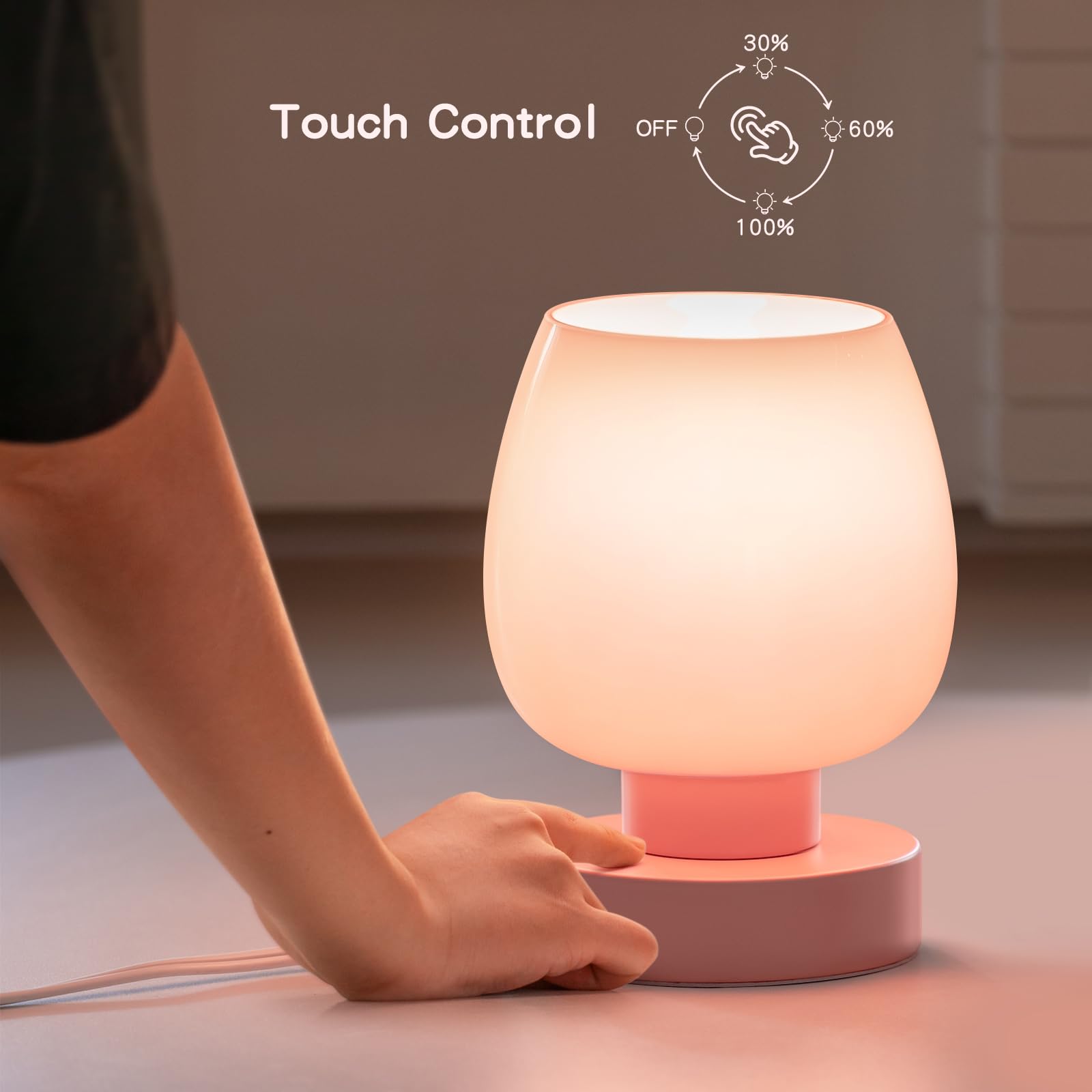 Onewish touch bedside lamp features 3-way dimming for customizable brightness.