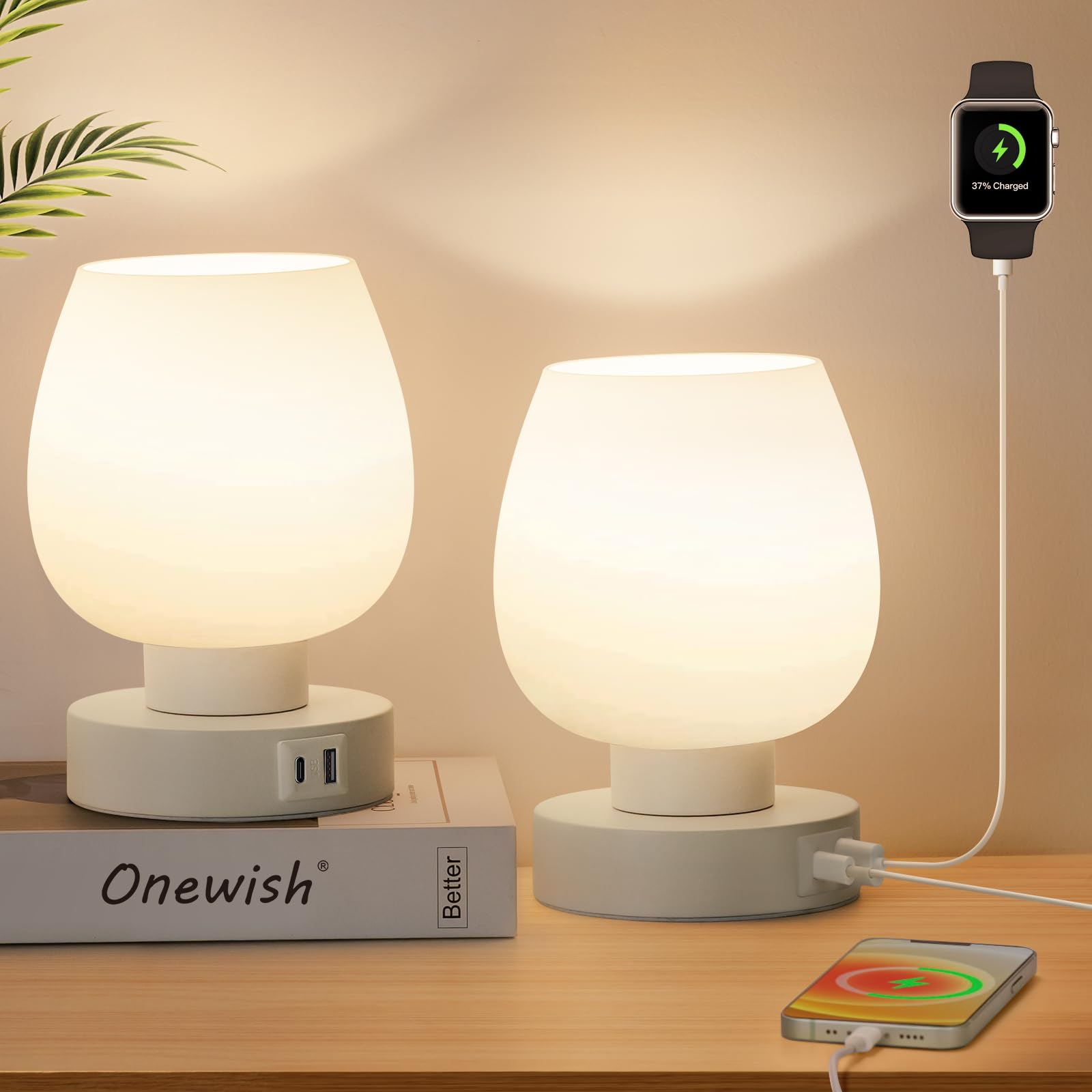 ONEWISH Touch bedside lamp base and opal shade provide soft, even illumination.