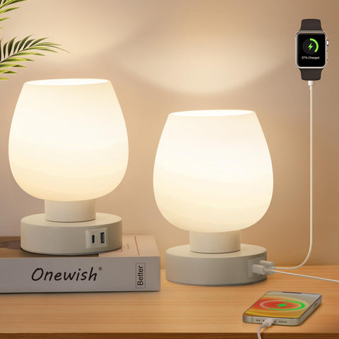 ONEWISH Touch bedside lamp base and opal shade provide soft, even illumination.