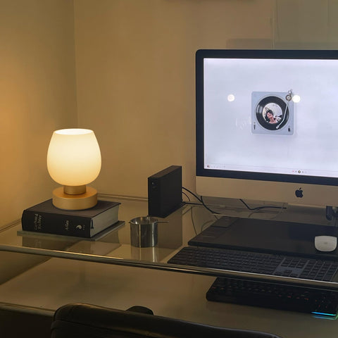 ONEWISH lamp on desk creates soft ambient light with desert titanium glass shade.