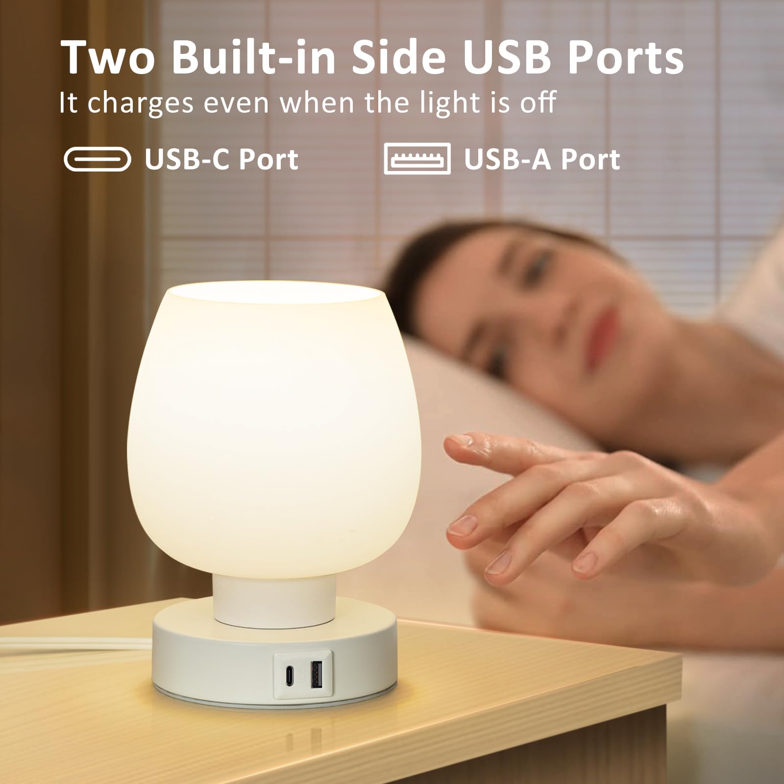 ONEWISH Touch bedside lamp demonstrates 3-way dimming for adjustable brightness.