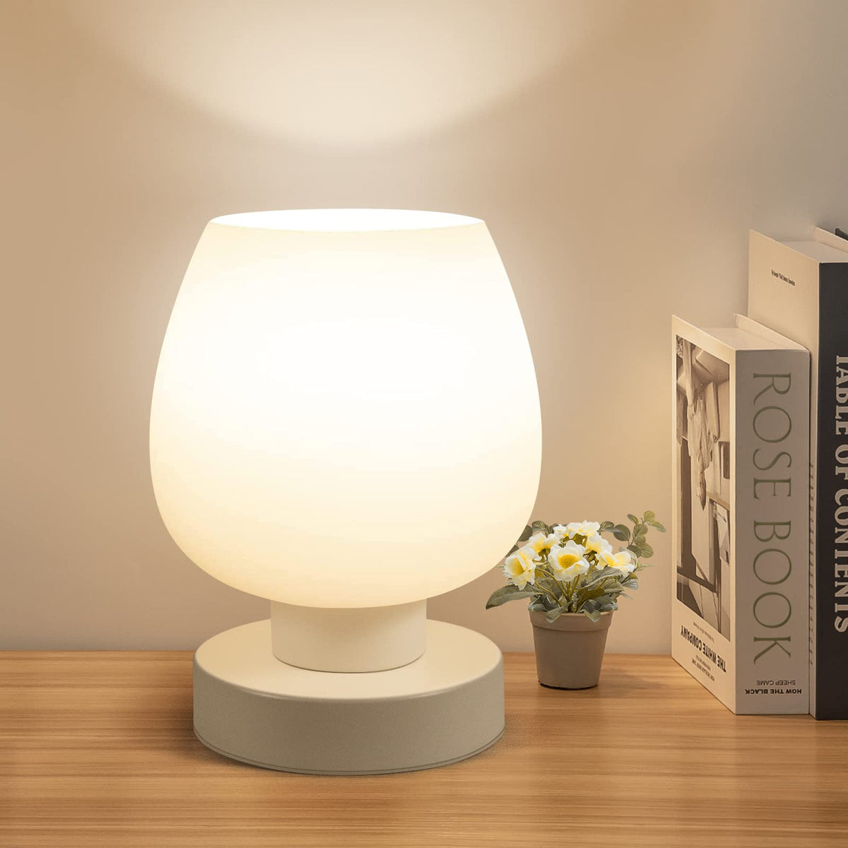 ONEWISH Touch bedside lamp shade close-up showing opal glass for soft light.