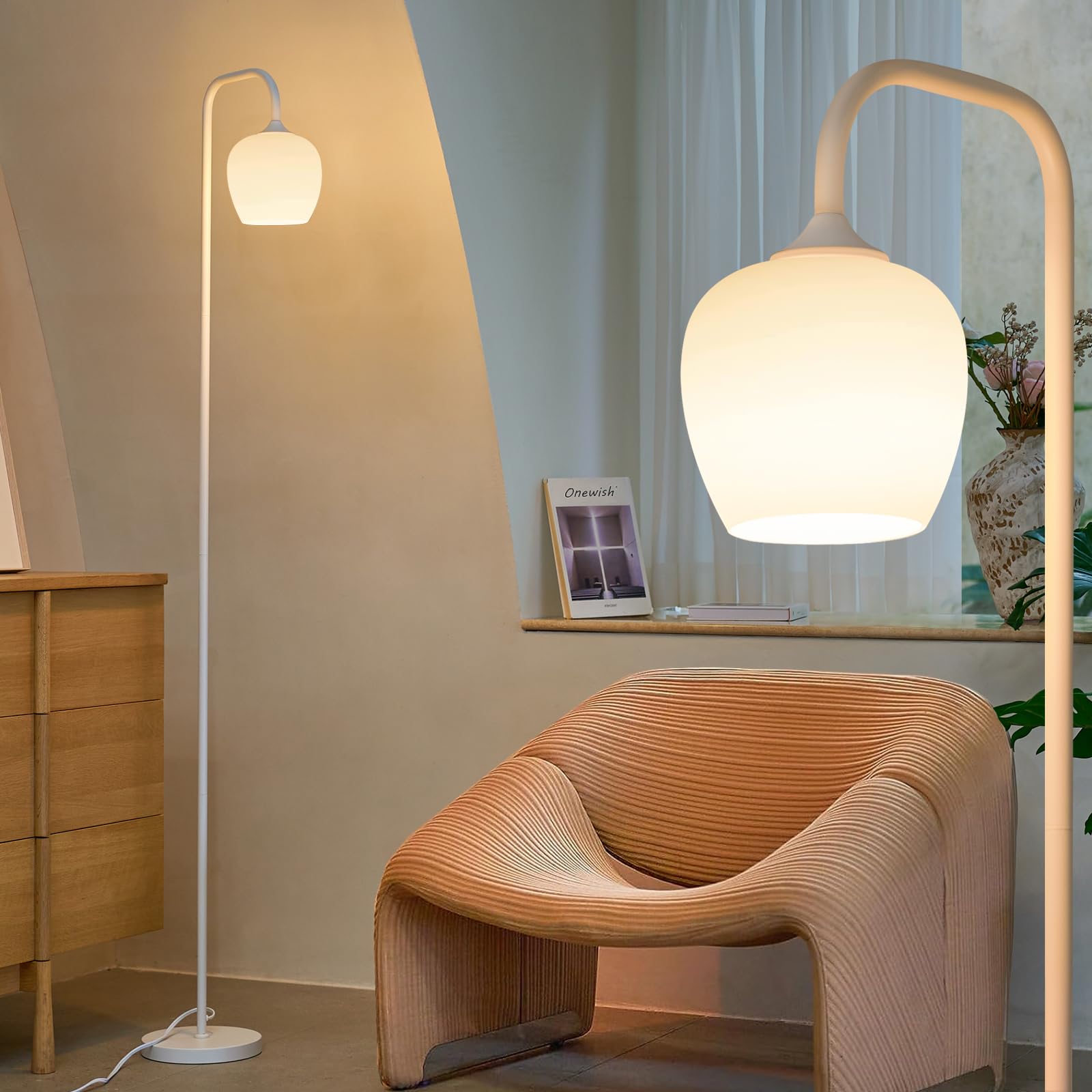 ONEWISH white floor lamp with opal shade for warm reading light