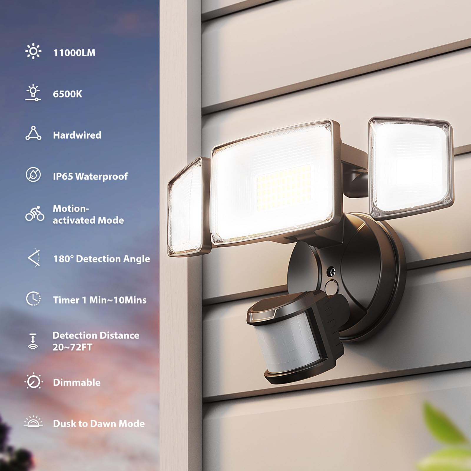 Onforu 100W flood light side view showing wide detection coverage for evenings