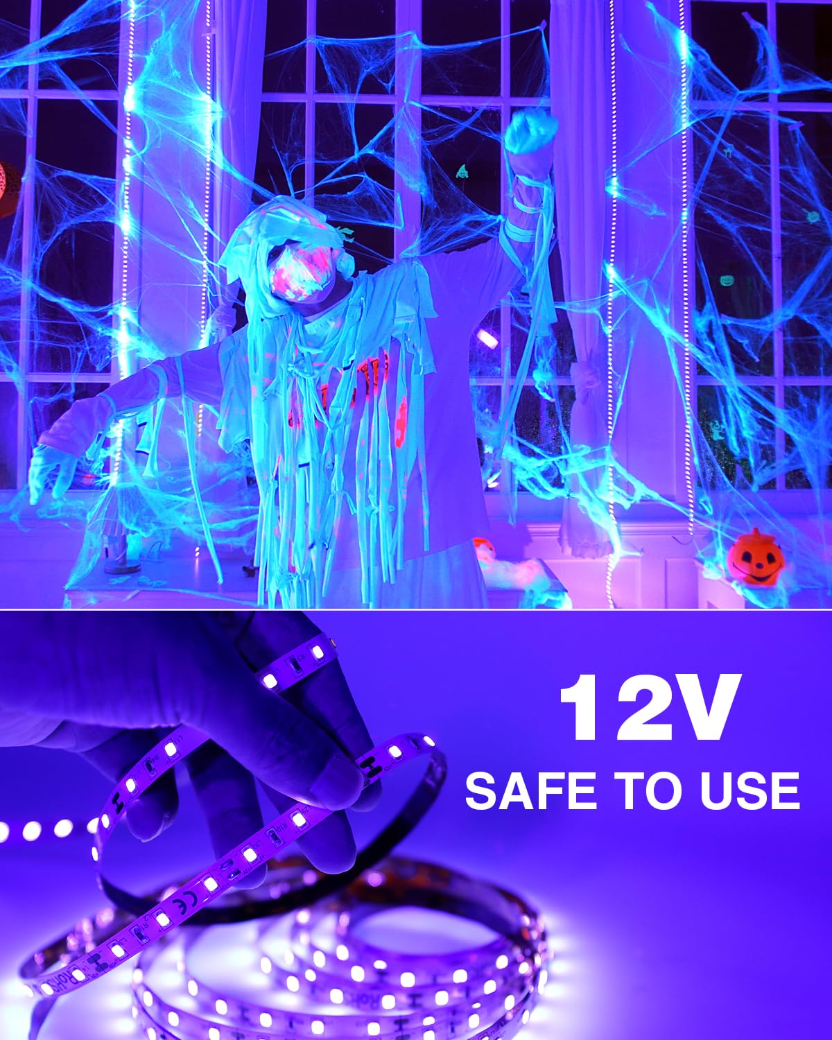 Onforu 12V plug-and-play blacklight strip ready for use.