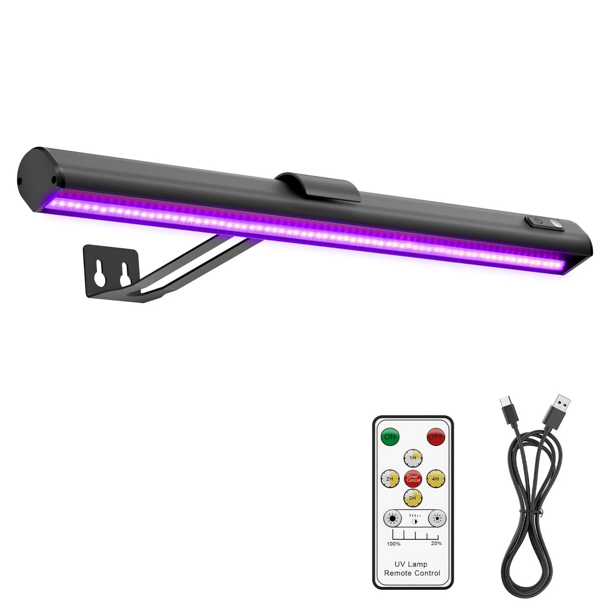 Onforu 15-inch black light bar illuminating neon posters and tapestries.