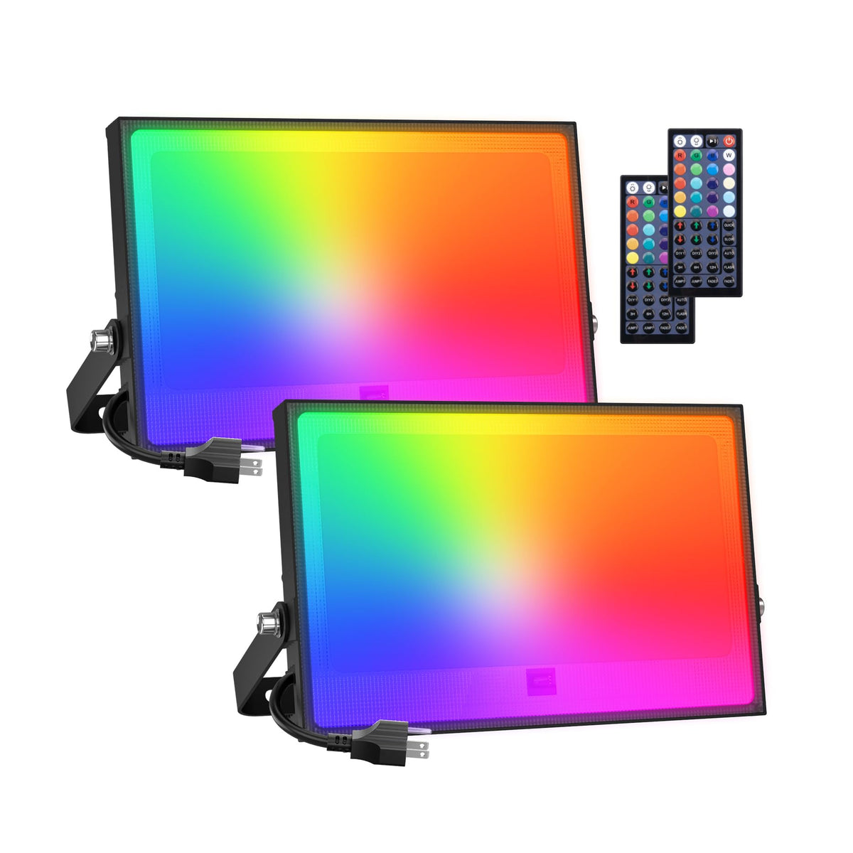 Onforu 2-pack RGBW flood lights front view illustrating bright outdoor illumination