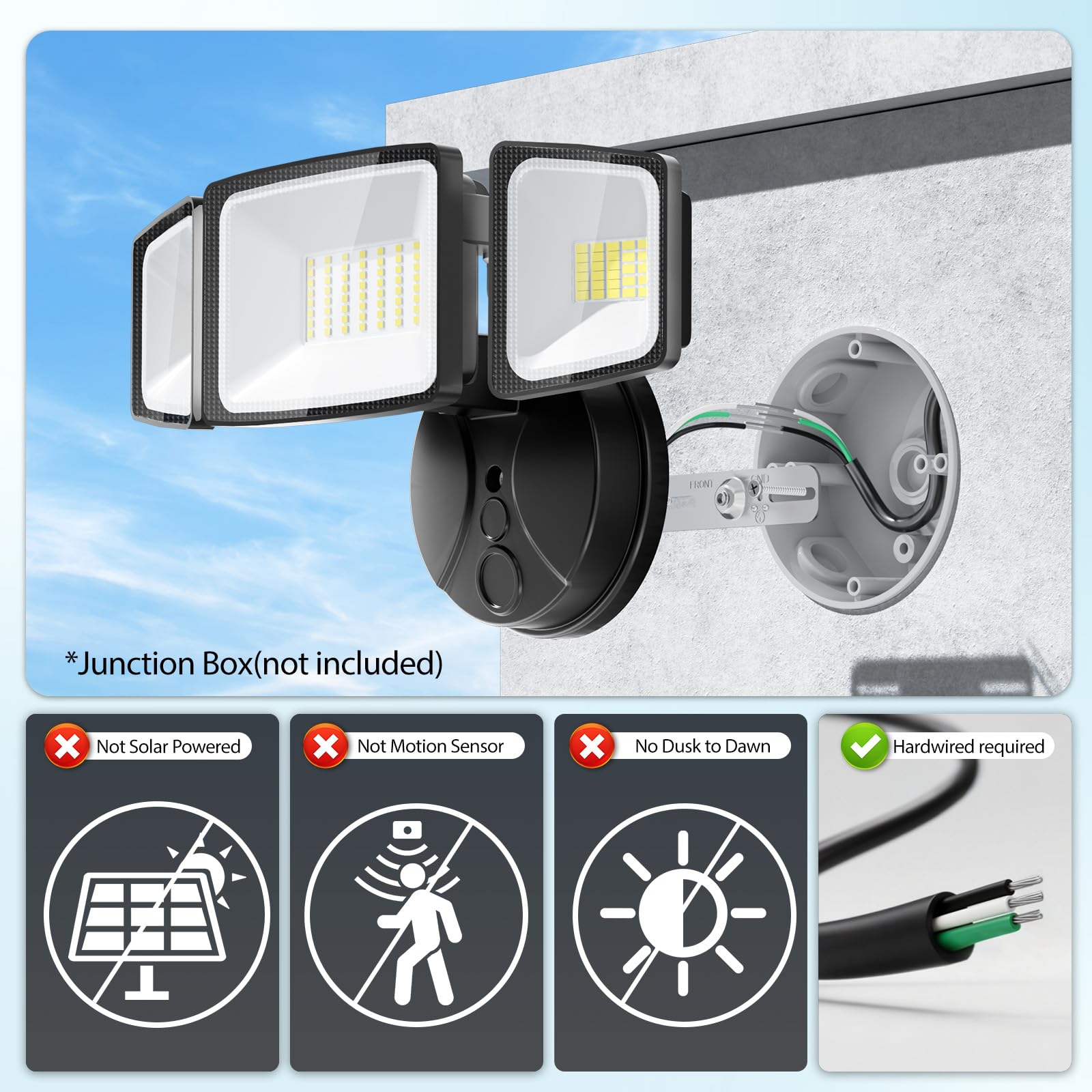 Onforu flood light with three adjustable heads enables flexible lighting angles.