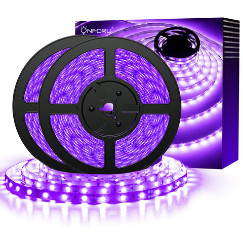 Onforu 32-8ft blacklight strip glowing neon colors for parties.