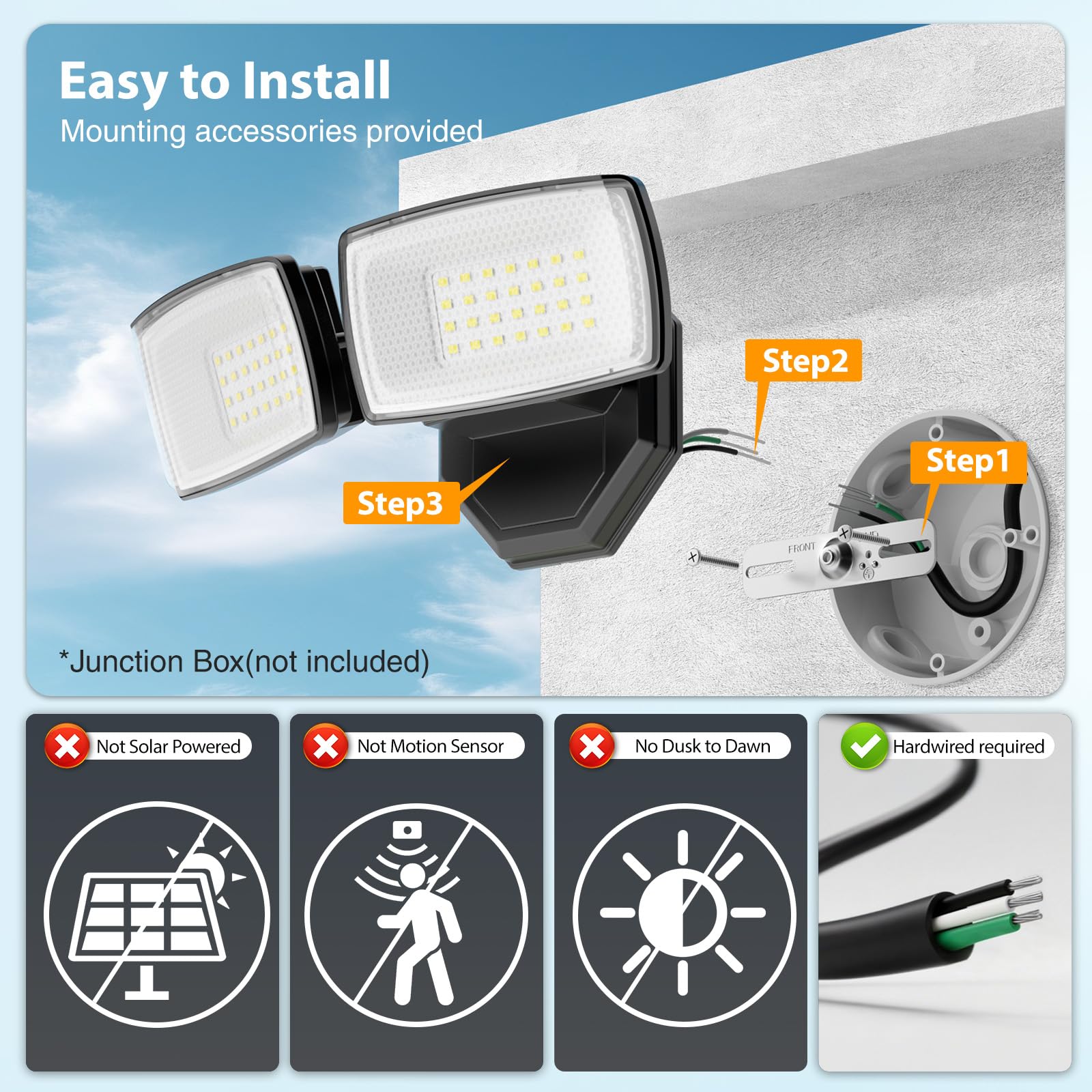 Onforu flood light side view with two adjustable heads for versatile lighting.