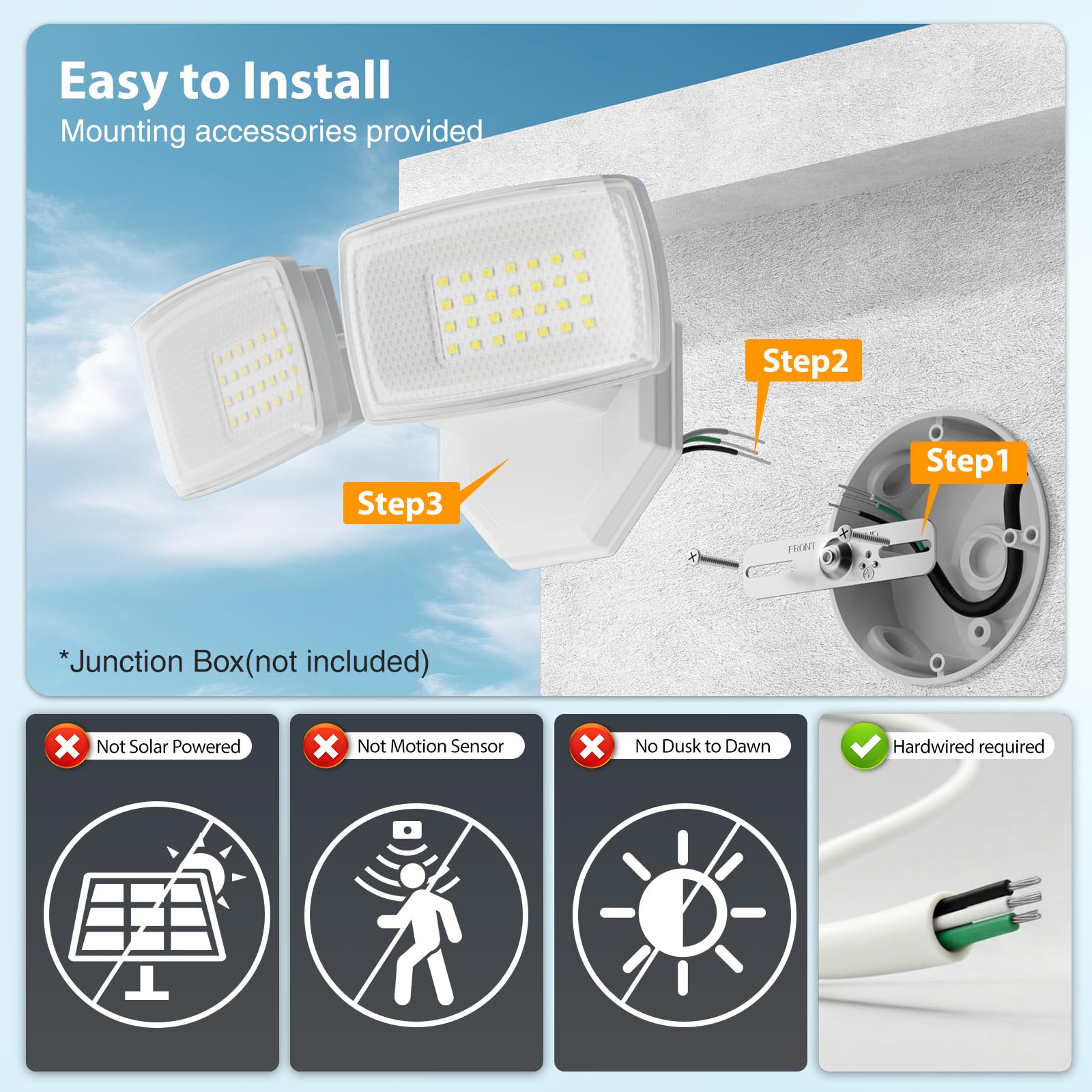Onforu 3200LM flood light with two adjustable heads for flexible security lighting.