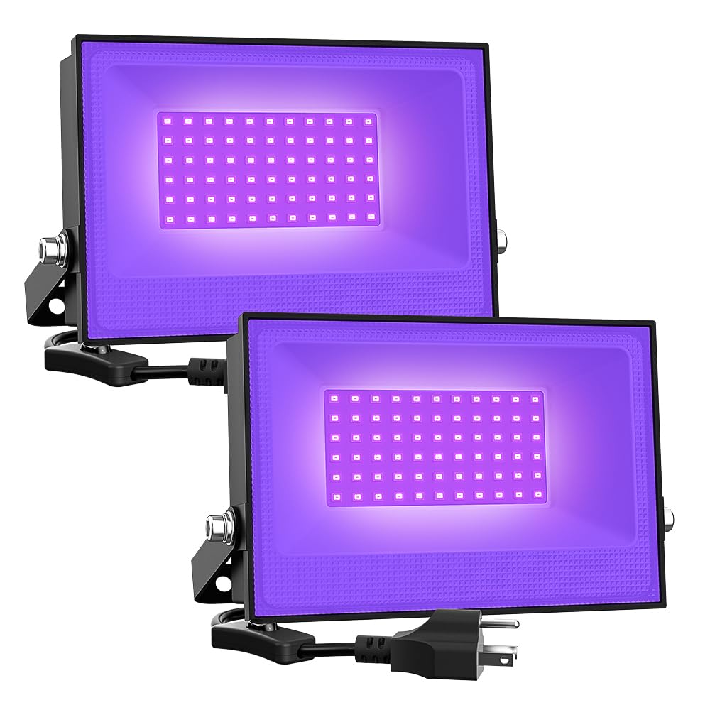 Onforu 38W blacklight flood light front view showing vibrant fluorescence