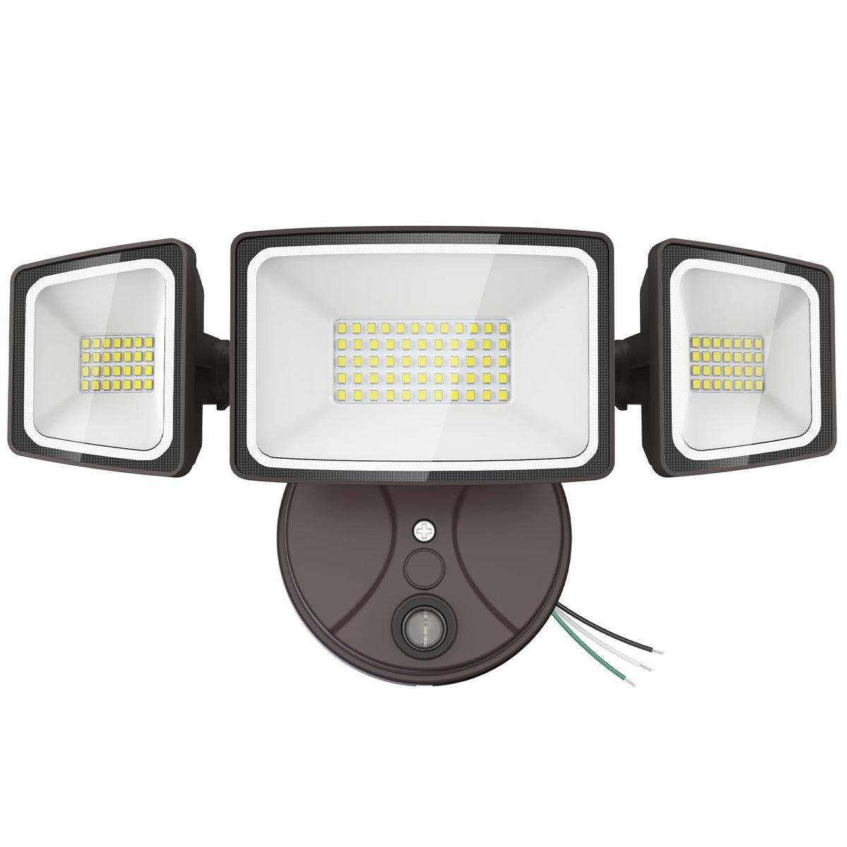 Onforu 70W dusk-to-dawn flood light with three adjustable heads brightens the garage.