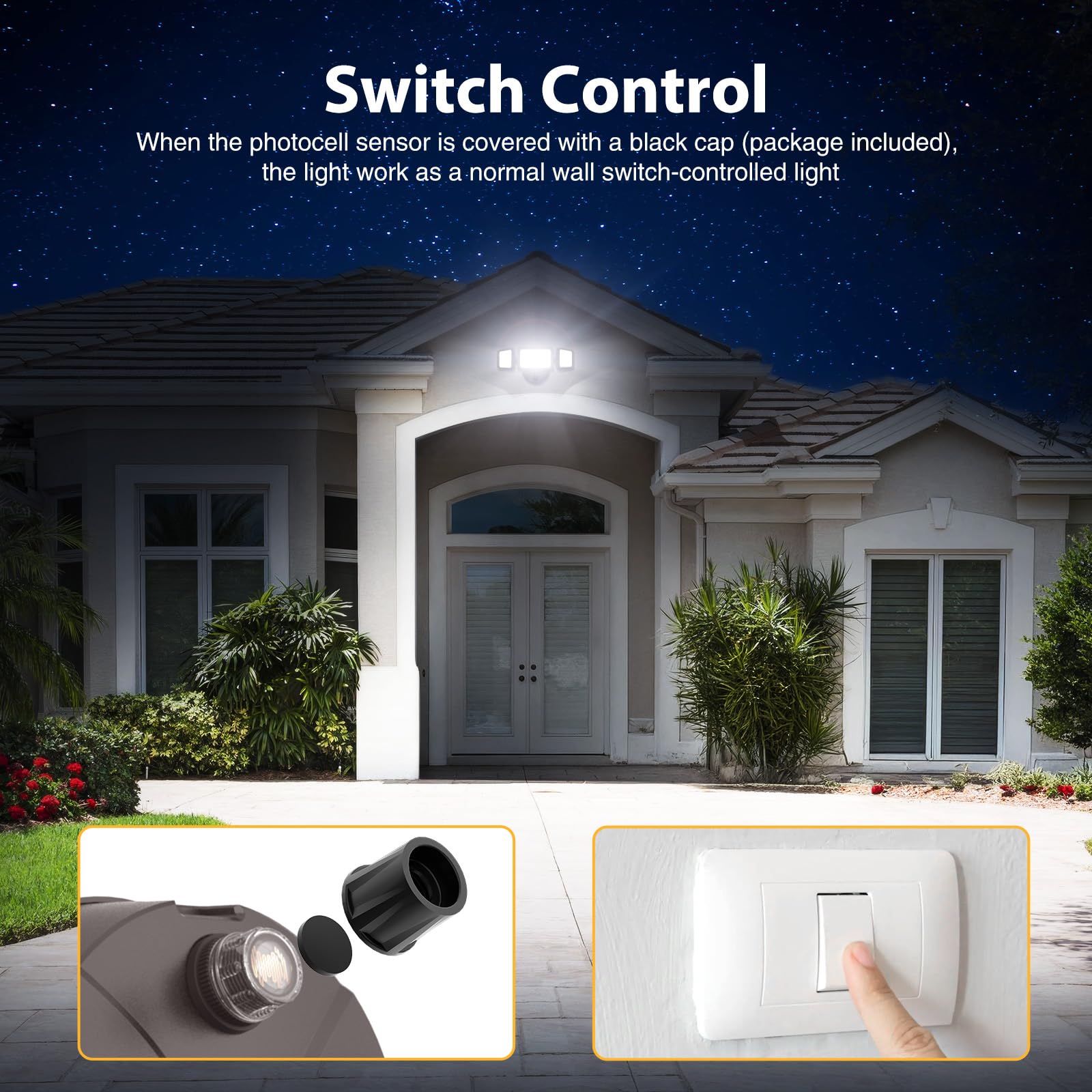 Onforu dusk-to-dawn flood light uses a photocell for automatic night illumination.