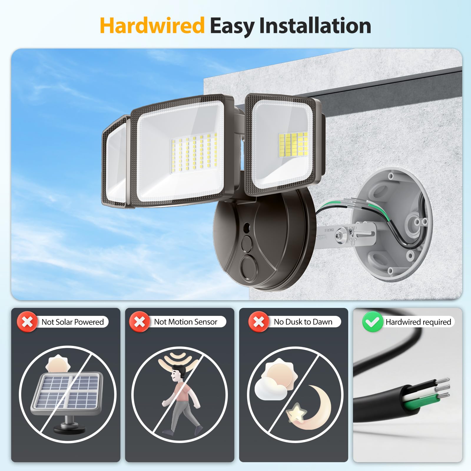 Onforu 75W flood light side angle with three adjustable heads