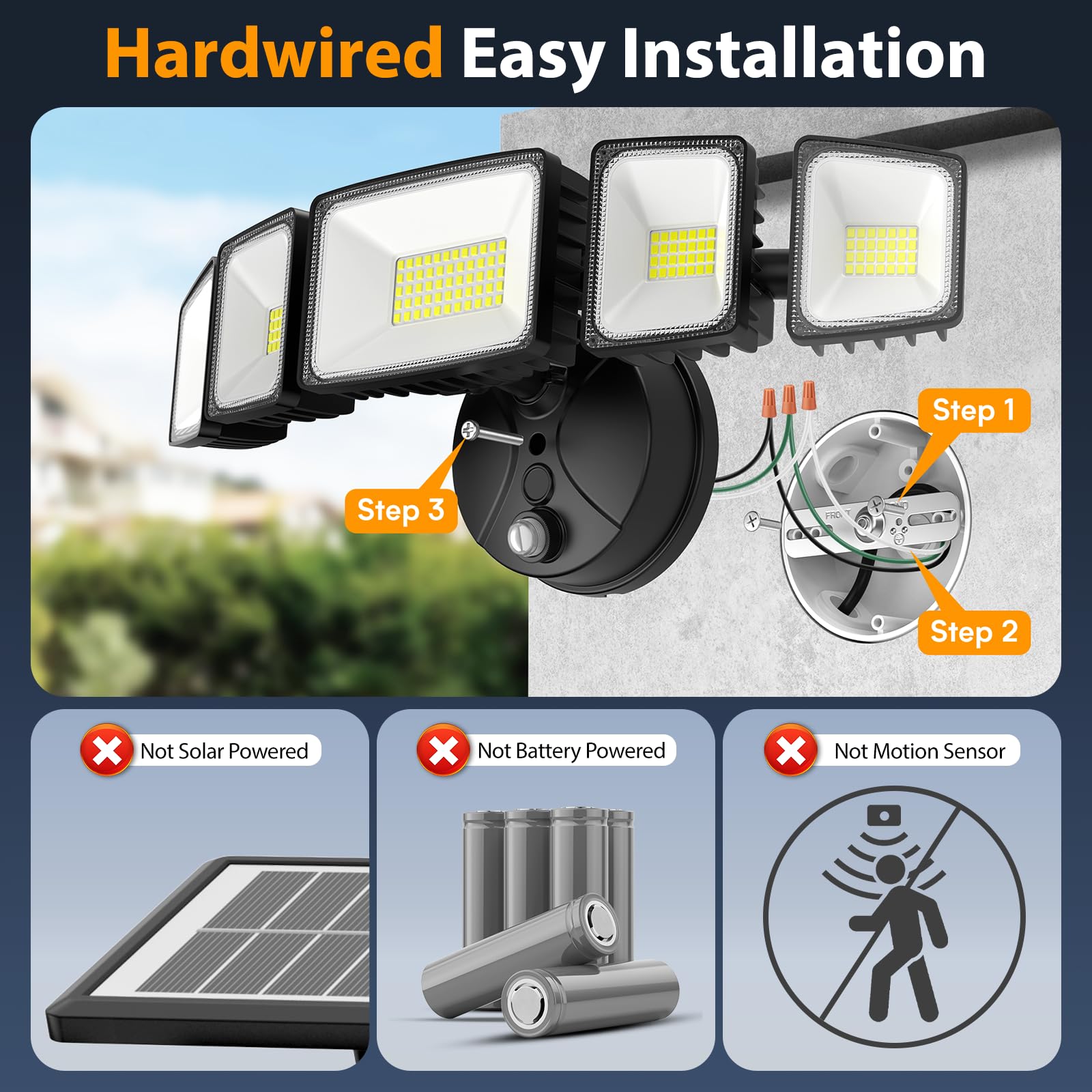 Onforu five-head outdoor flood light enables wide-area coverage.