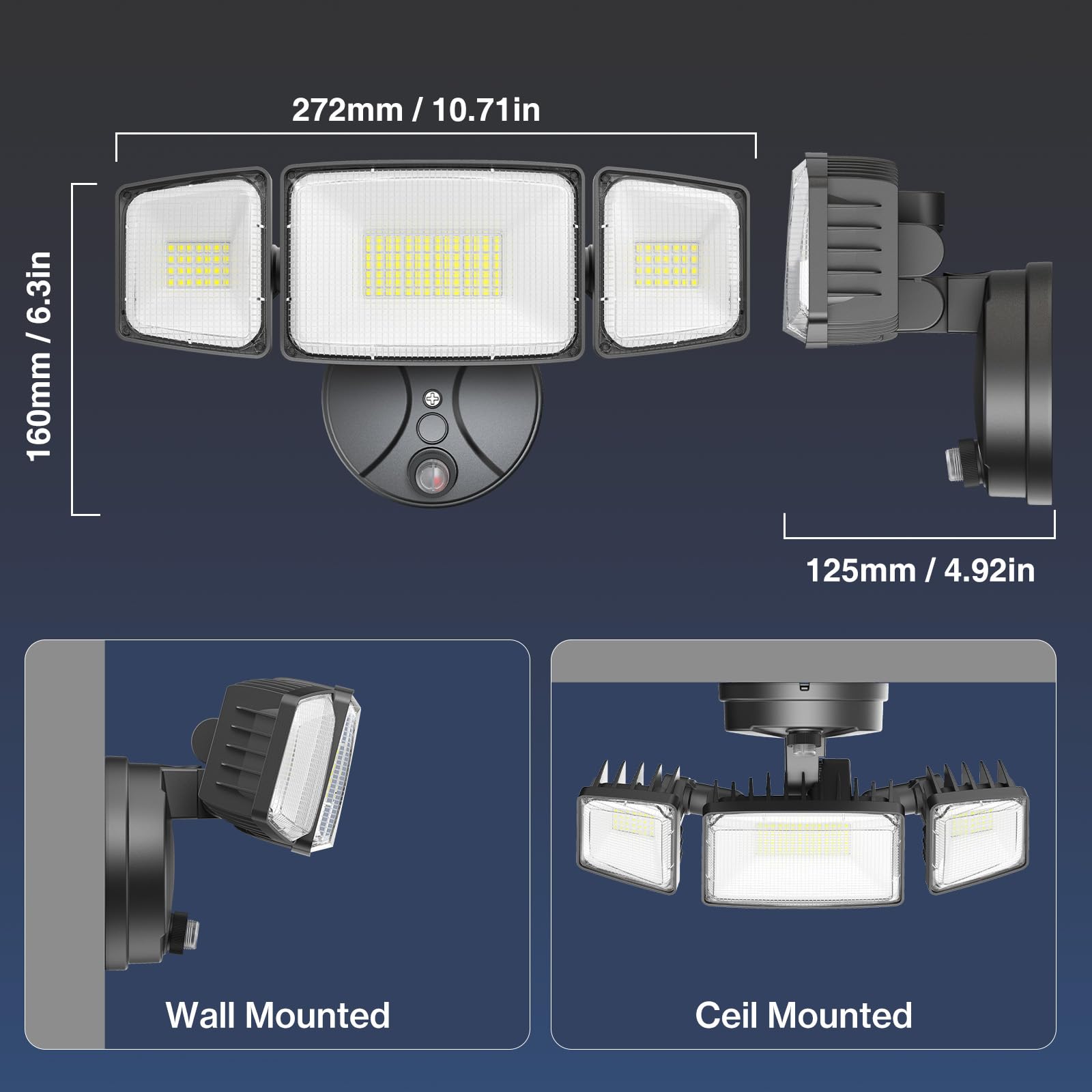 Onforu triple-head floodlight, switch-mode option via black cap for manual control.