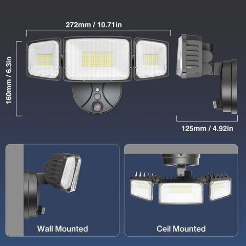 Onforu triple-head floodlight, switch-mode option via black cap for manual control.