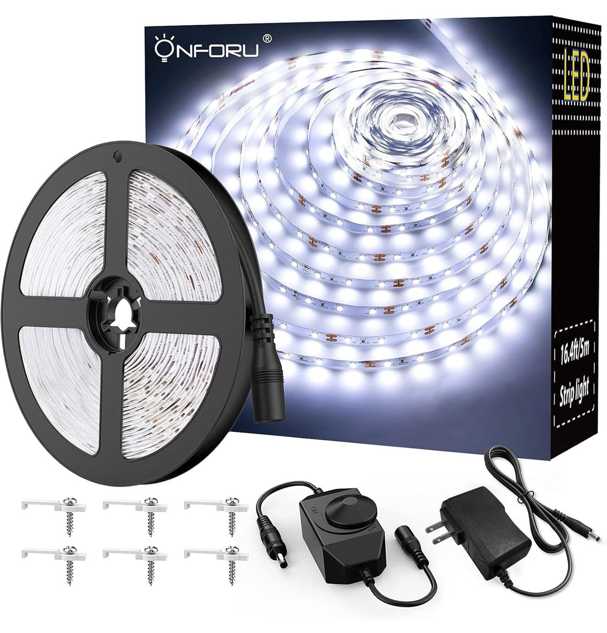 Onforu LED strip shows a 16.4 ft layout for continuous ambient lighting in a room