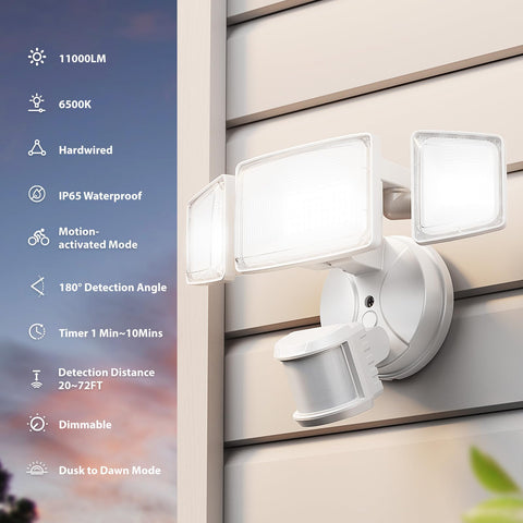 Onforu outdoor flood light angle view highlighting bright 11000 lumens at 6500K daylight.