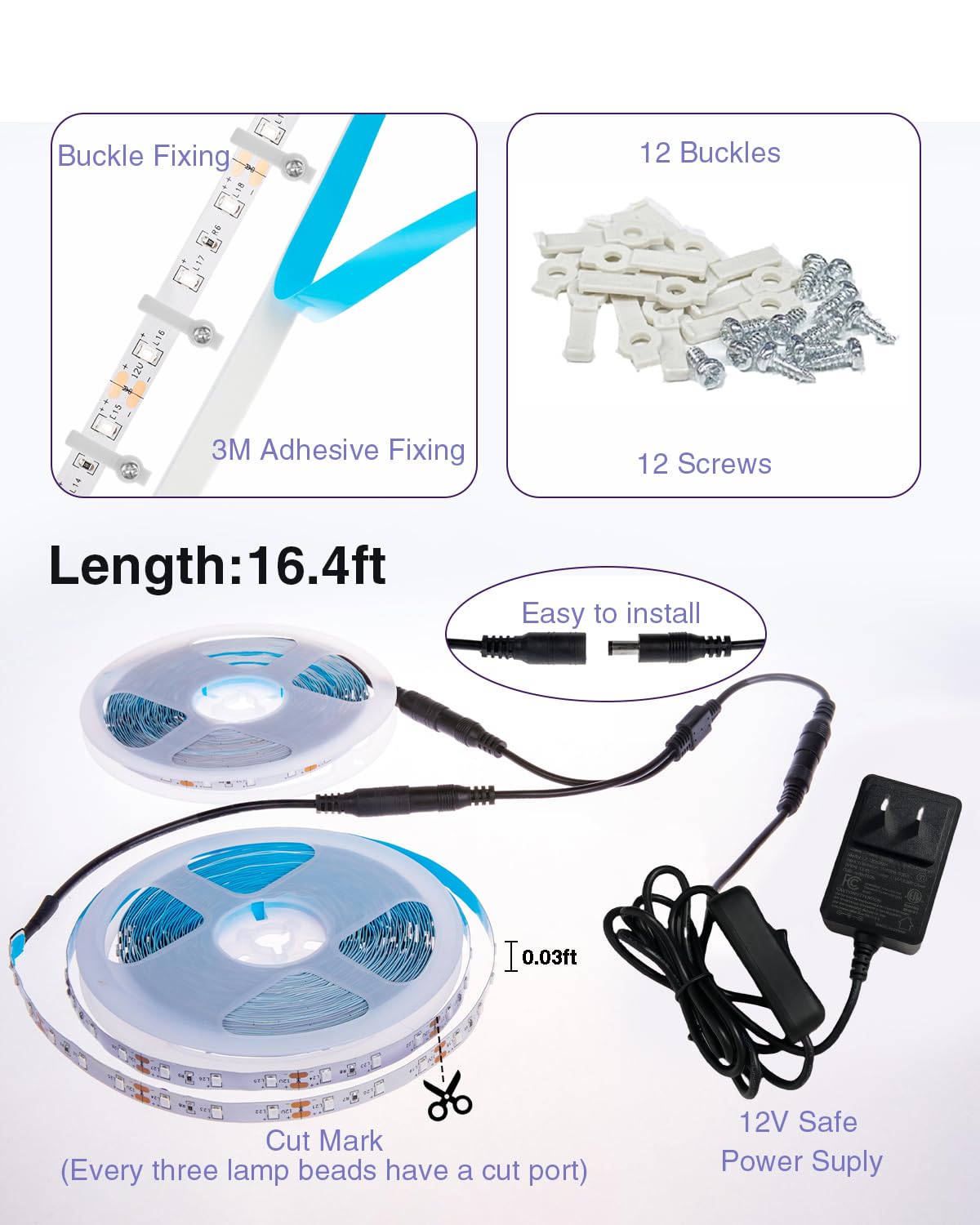 Onforu blacklight strip with strong self-adhesive for easy mounting.
