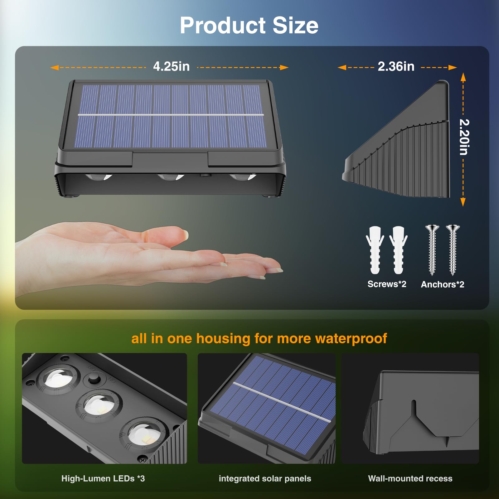 Onforu Solar Fence Lights modes showing warm, natural, and cool ambiance options.