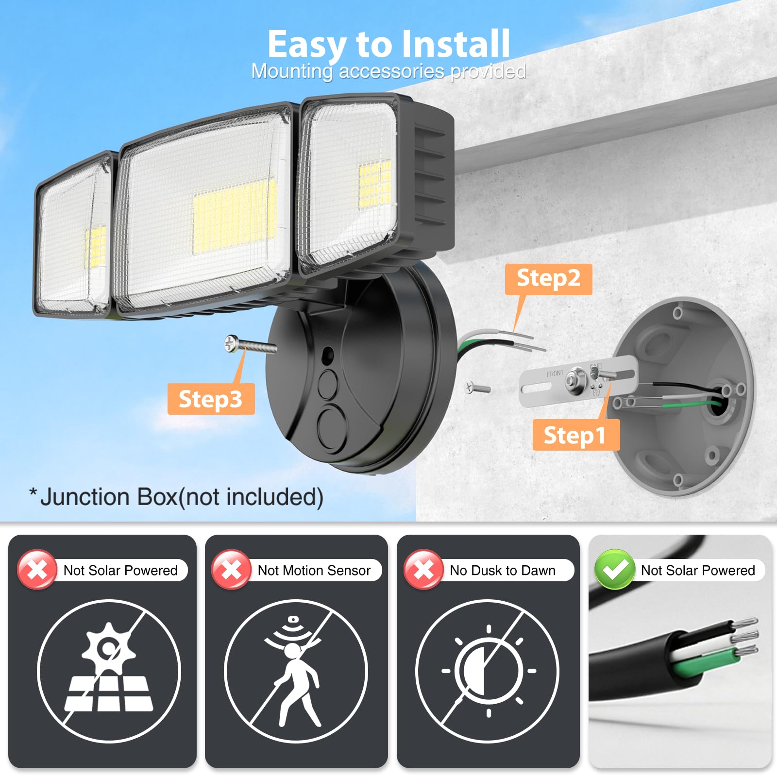 Onforu three-head adjustable flood light for wide coverage