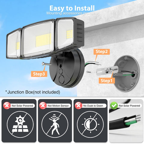 Onforu three-head adjustable flood light for wide coverage