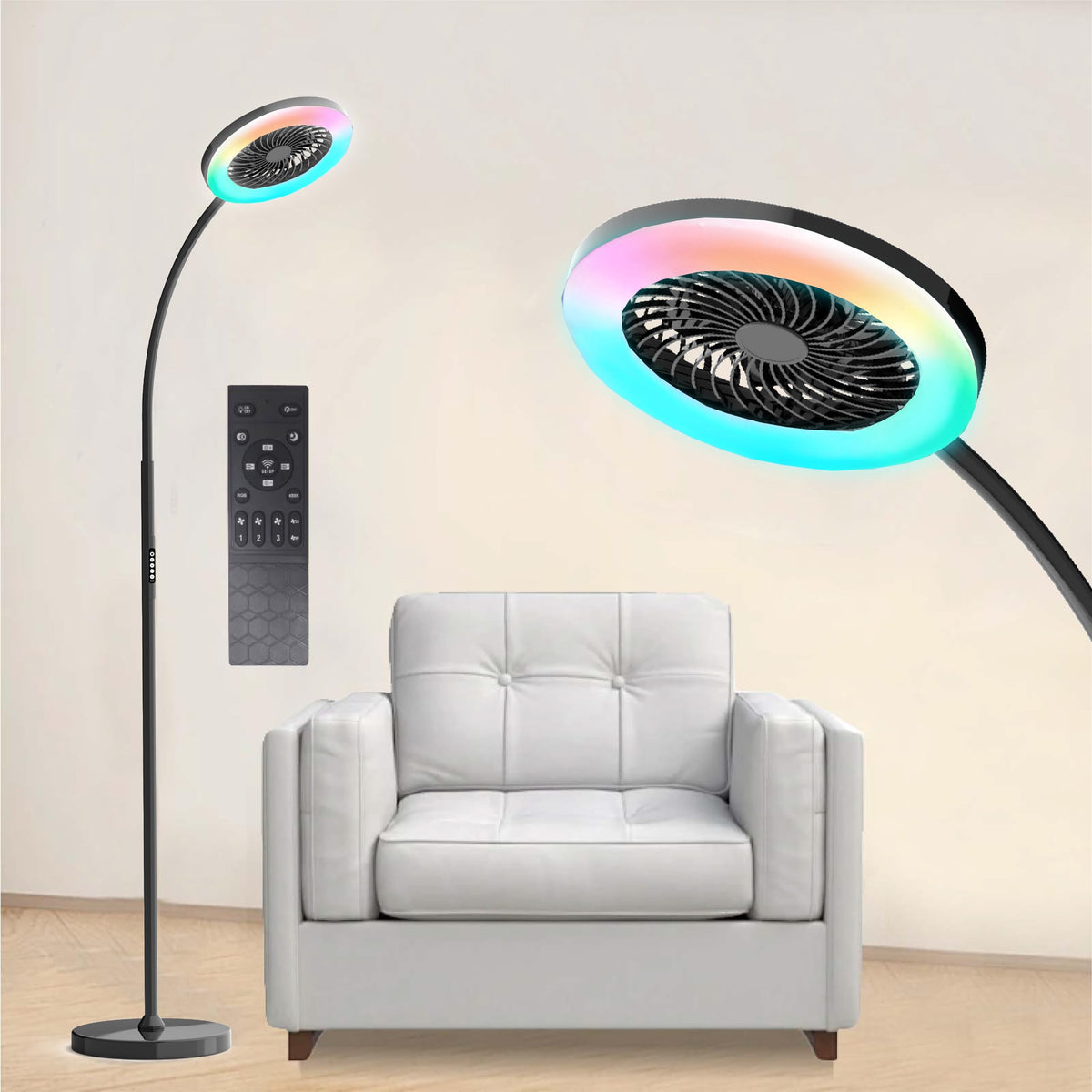 ONIDEK pedestal fan bedroom lamp front view, delivering soft RGB lighting for relaxing evenings.