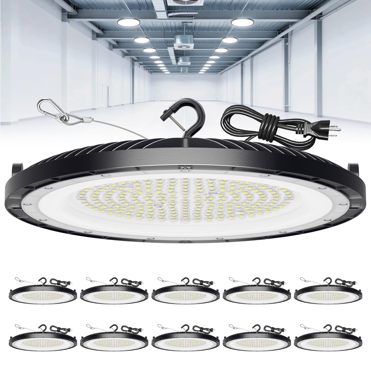 ONLYLUX 200W UFO high bay light installed for bright, energy-efficient warehouse lighting.