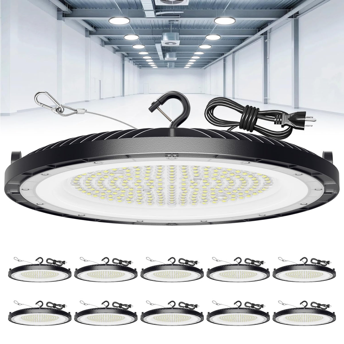 ONLYLUX 200W UFO high bay light installed for bright, energy-efficient warehouse lighting.