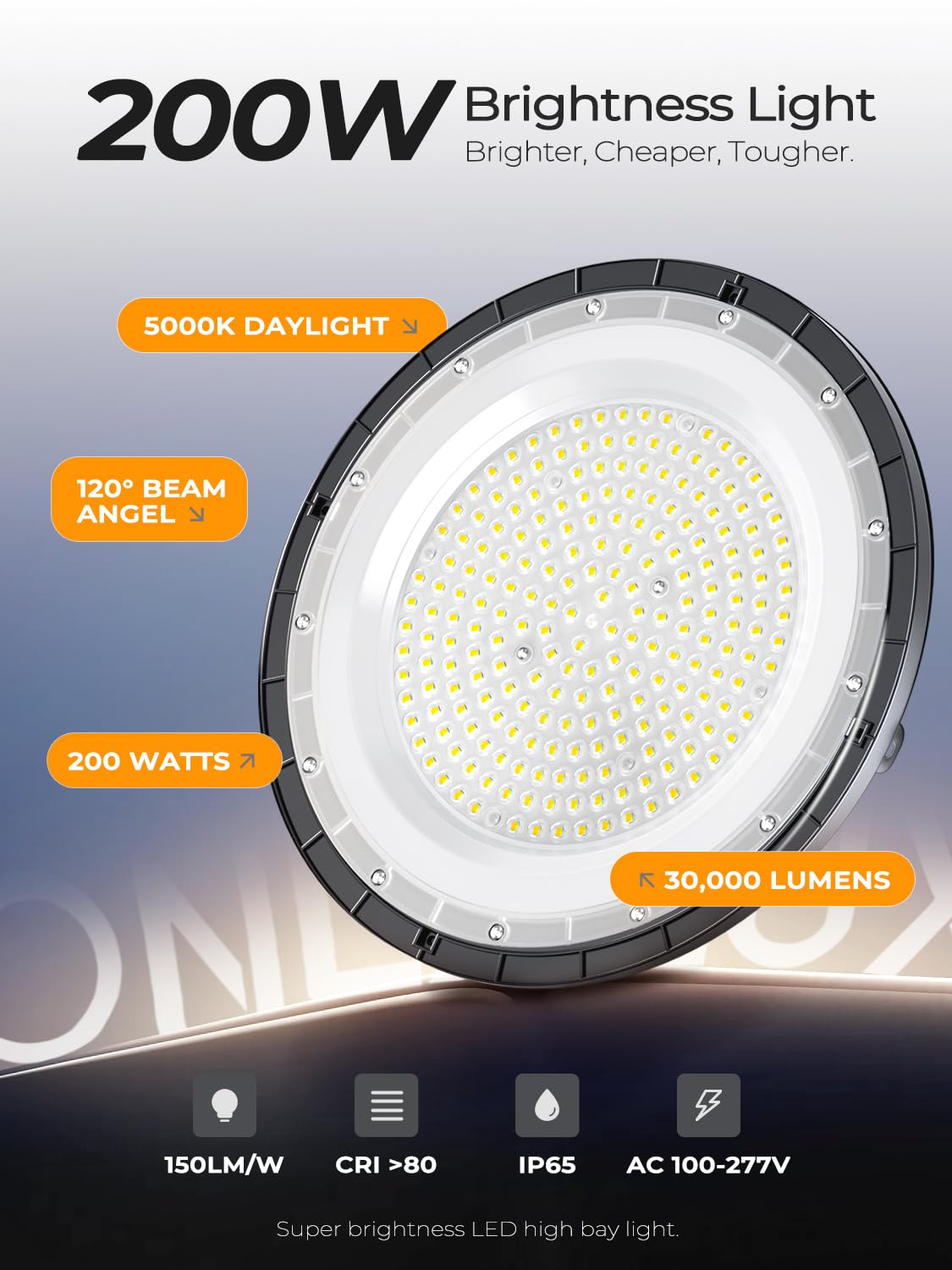 ONLYLUX 200W UFO high bay light IP65 dustproof rating supports harsh environments.