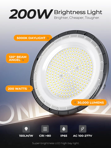 ONLYLUX 200W UFO high bay light IP65 dustproof rating supports harsh environments.