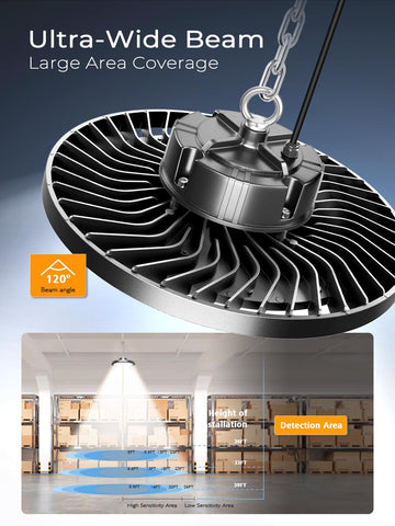 OnlyLux 250W UFO LED high bay light hooks and safety cable; easy, rapid setup.