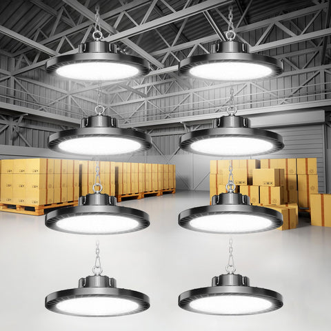 OnlyLux 8-pack front view of 300W UFO high bay light offering bright 45,000 lm
