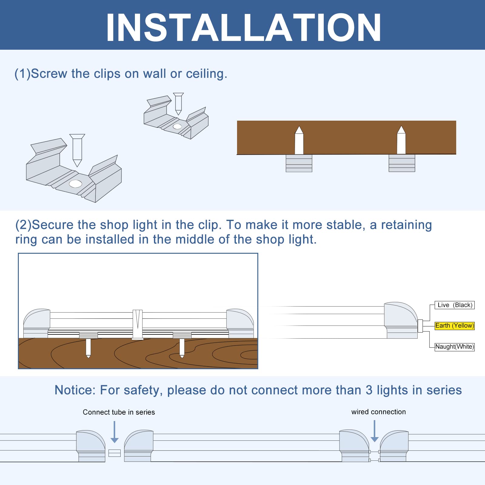 ONLYLUX 8ft LED shop light pack contents include cords and install accessories