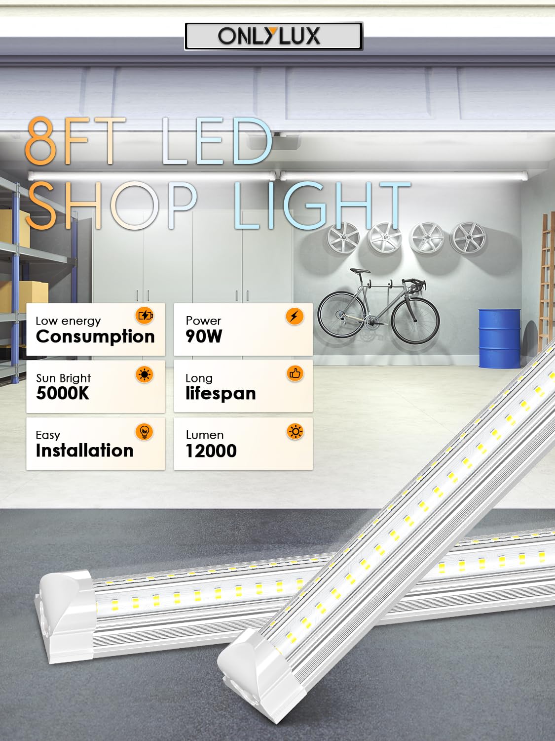 ONLYLUX 8ft LED shop light kit with wiring and connectors ready for installation.