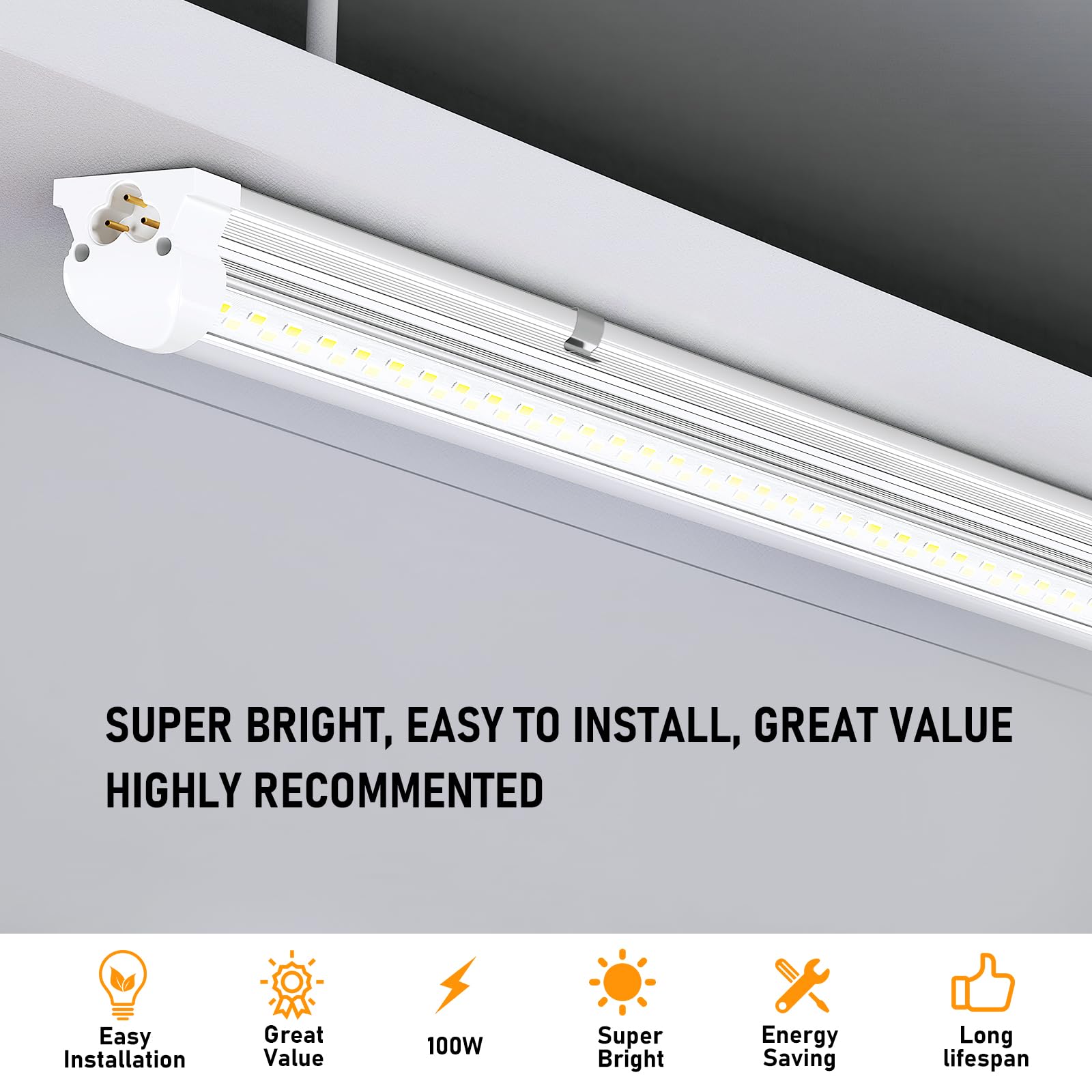 ONLYLUX 8ft LED shop light plug-install highlights quick mounting in workshops.