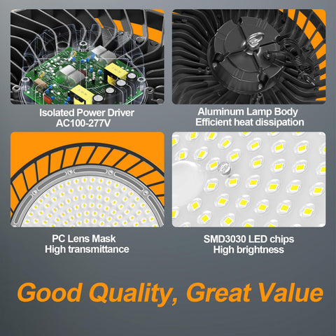 ONLYLUX IP65 aluminum housing highlights durable weather-ready high bay lighting.