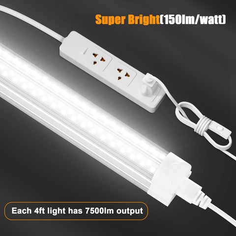 ONLYLUX 4ft LED shop light shown in a linked series setup for larger areas.