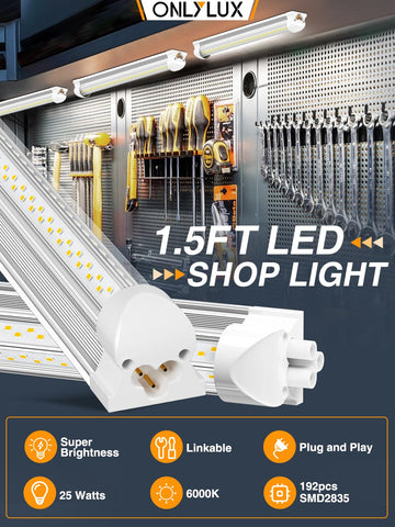 ONLYLUX LED shop lights illuminate a garage workspace with daylight brightness