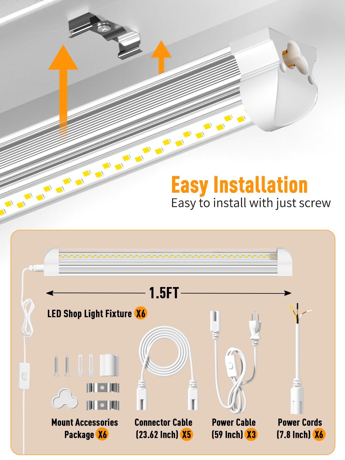 ONLYLUX LED Shop Light features a plug-and-switch for quick on/off control.