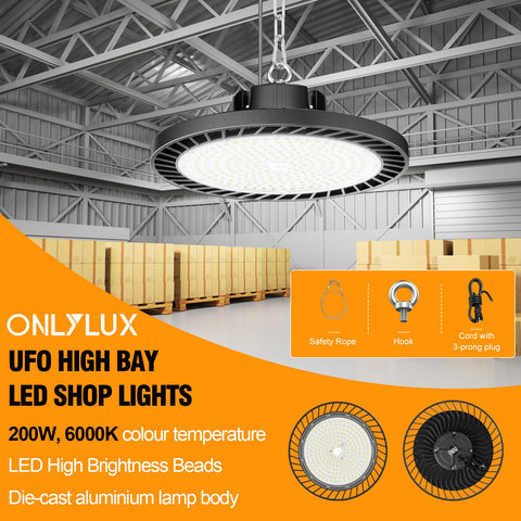 ONLYLUX UFO high bay light provides 30,000 lumens for clear task areas.